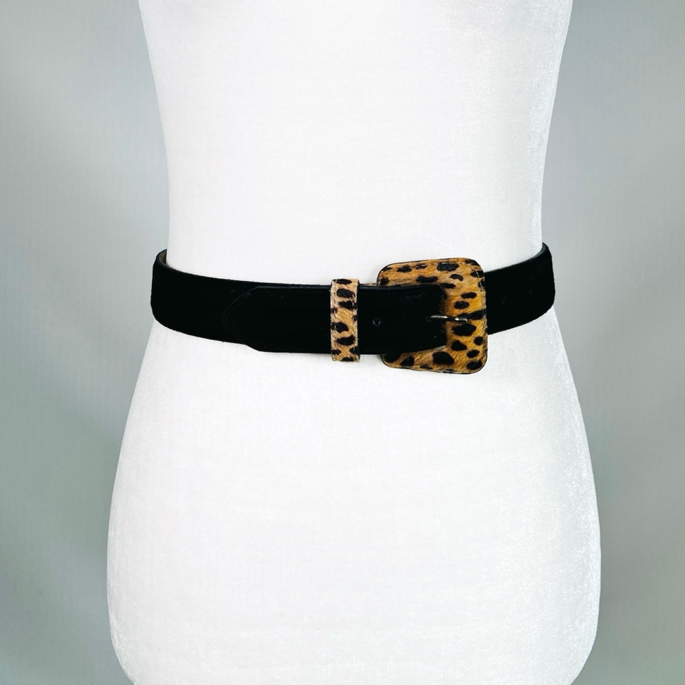 Accessories by Pearl Wonans Belt USA Made Size L Black Suede Animal Print